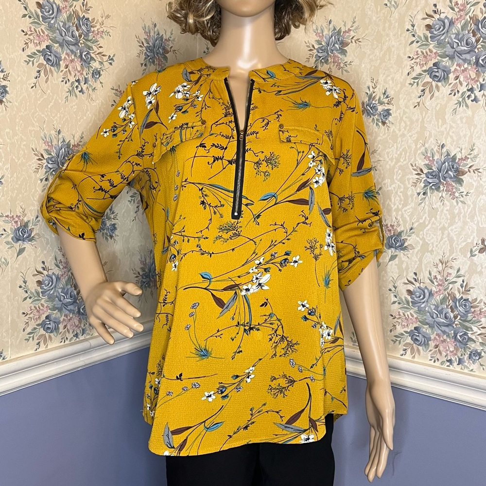 Angvns Yellow Floral Roll Tab Sleeve Chiffon Blouse, Size M